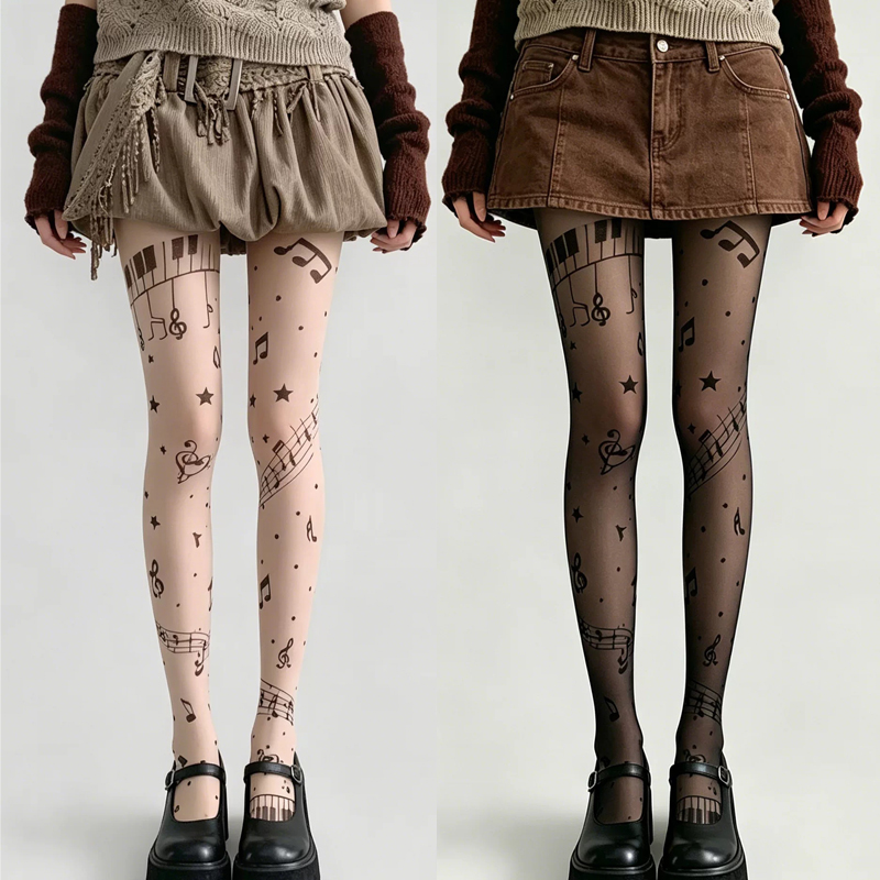 Y2K Musical Note Print Sheer P - Tights Pantyhose Sheer 评论和价格