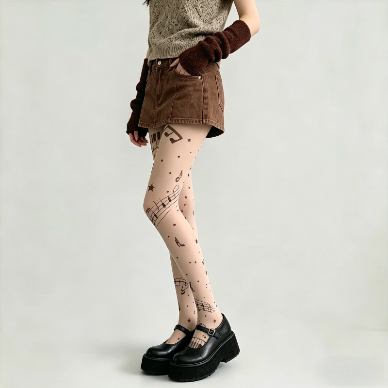 Y2K Musical Note Print Sheer P - Tights Pantyhose Sheer 评论和价格